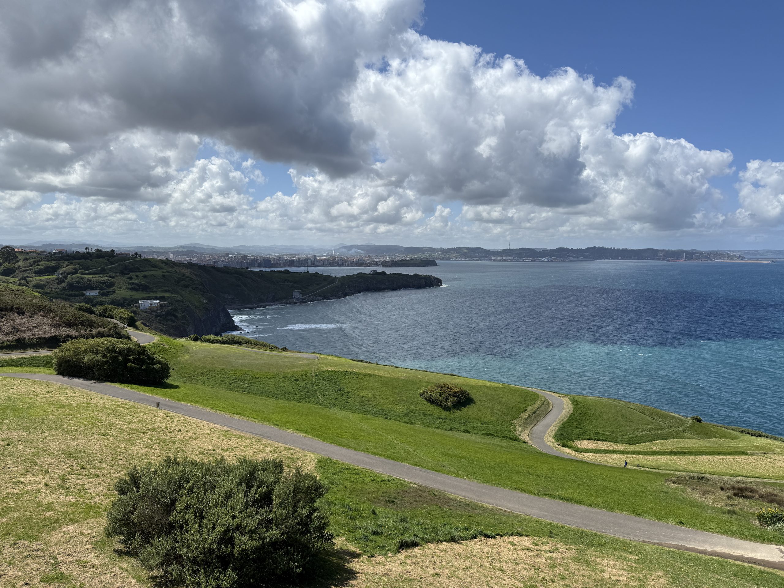 Grüne Küstenlandschaft mit geschwungenen Wegen und weitem Blick über das blaue Meer