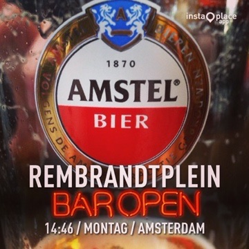 Amstel-Bierschild mit dem Hinweis Bar open am Rembrandtplein in Amsterdam