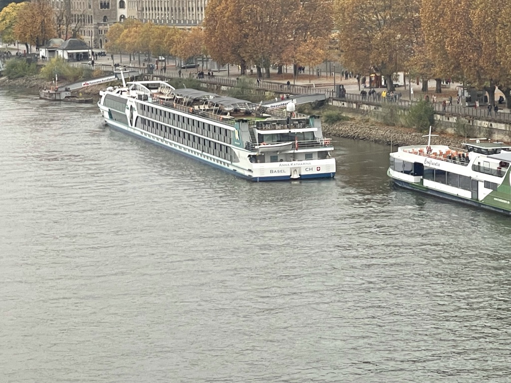 Flusskreuzfahrtschiffe am herbstlichen Rheinufer in Koblenz