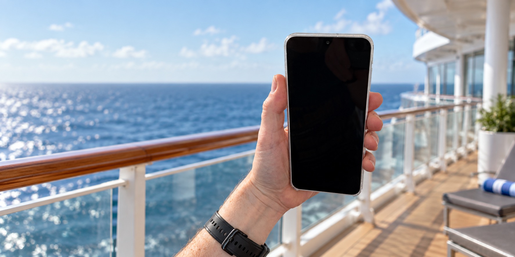 Fotomontage: Smartphone auf einem Kreuzfahrtschiff-Deck mit Blick aufs Meer