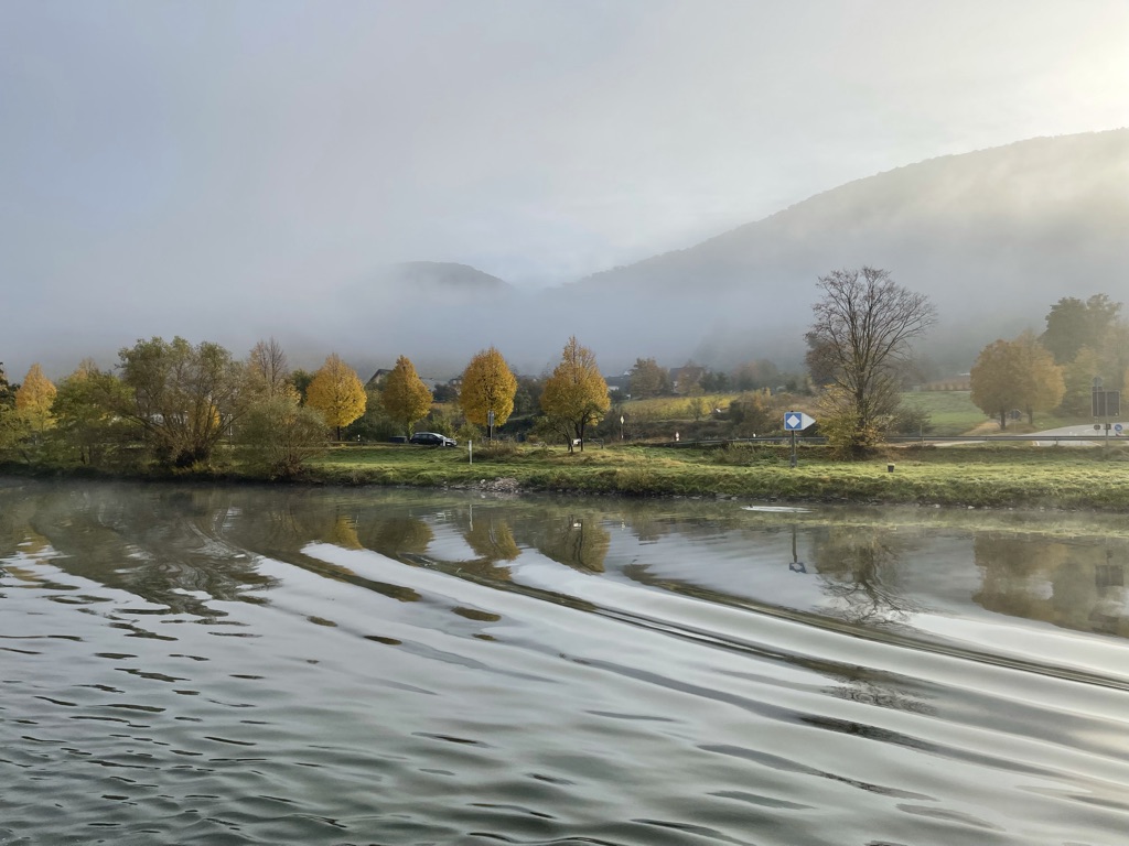Nebelmorgen an einem ruhigen Flussufer mit herbstlichen Bäumen