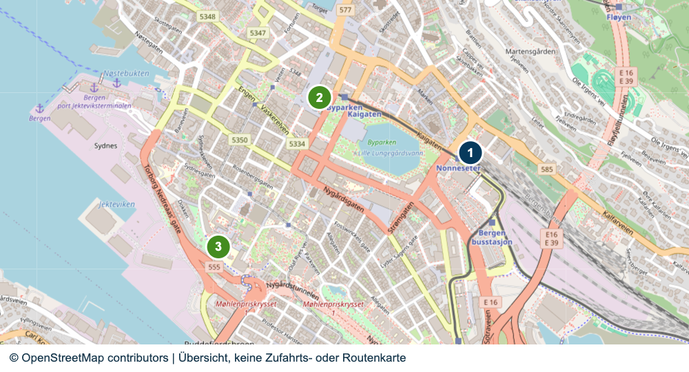 Übersicht wichtiger Anreise- und Terminalbereiche in Bergen