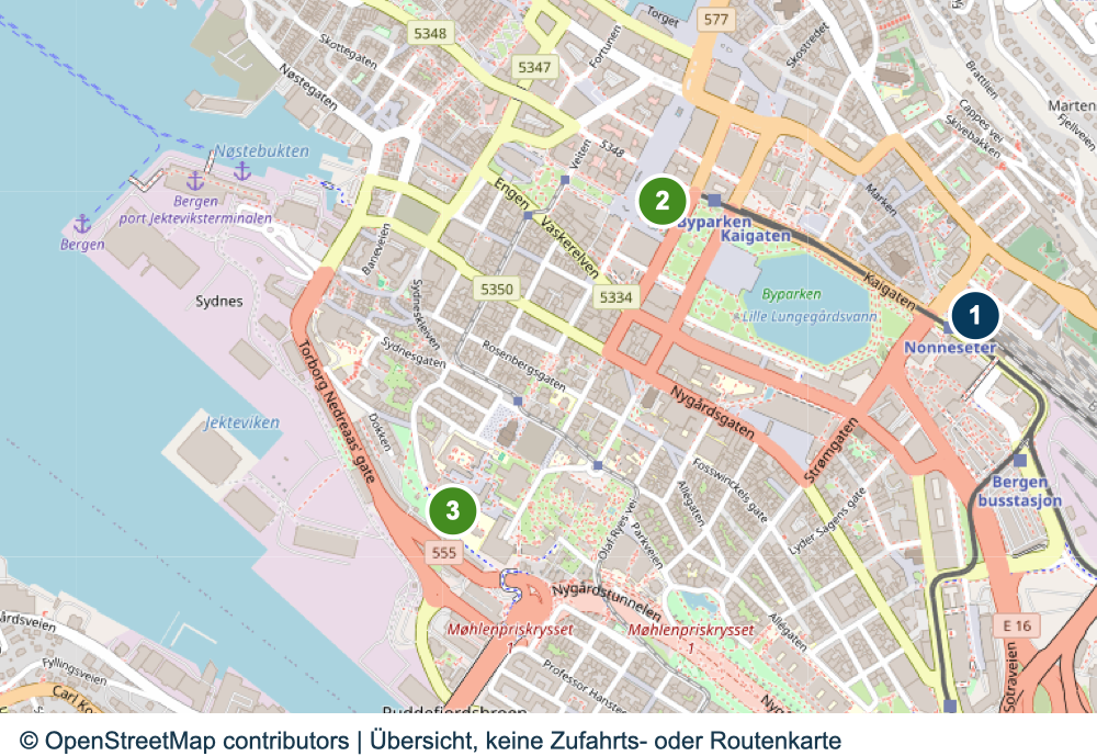 Übersicht wichtiger Anreise- und Terminalbereiche in Bergen