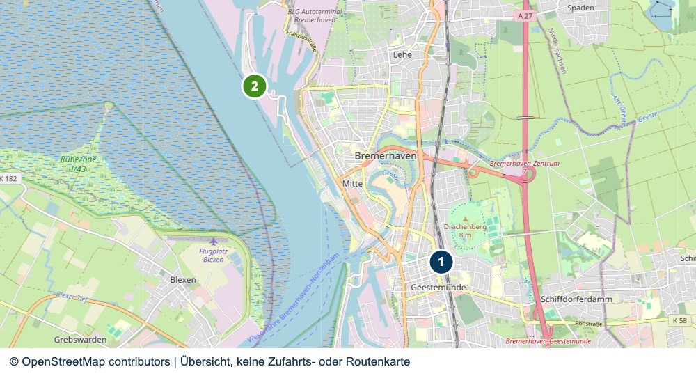 Übersicht der Bahnhofs- und Terminalbereiche in Bremerhaven