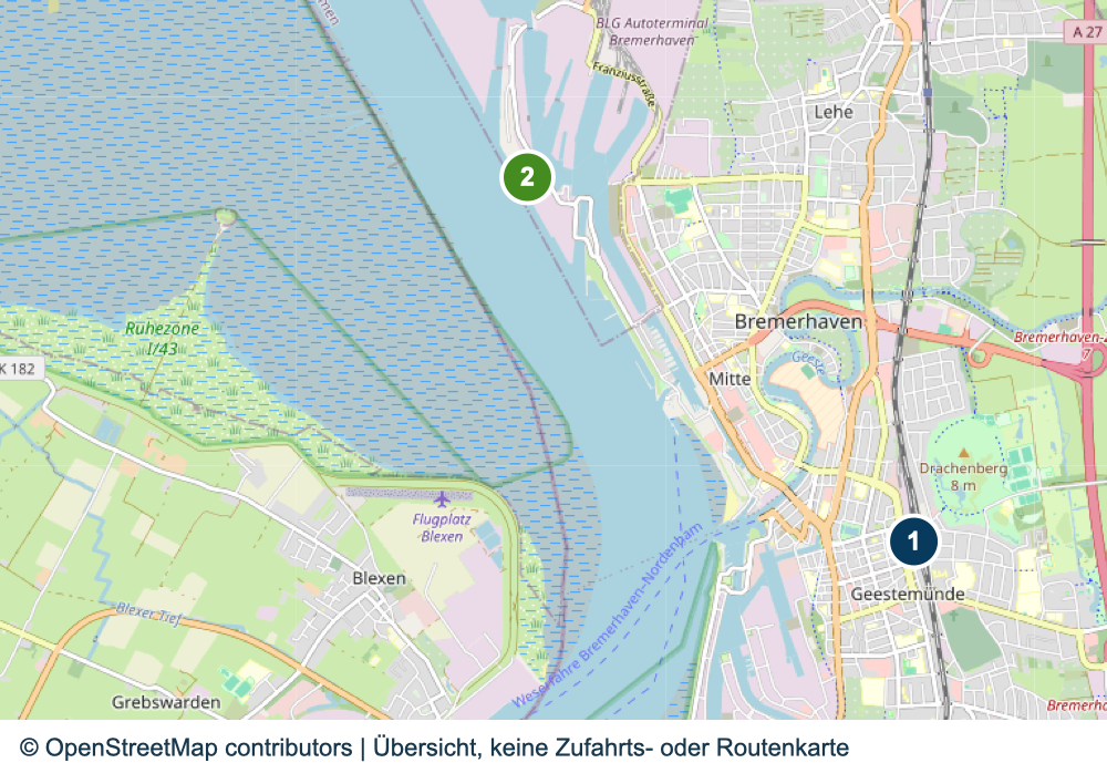 Übersicht der Bahnhofs- und Terminalbereiche in Bremerhaven