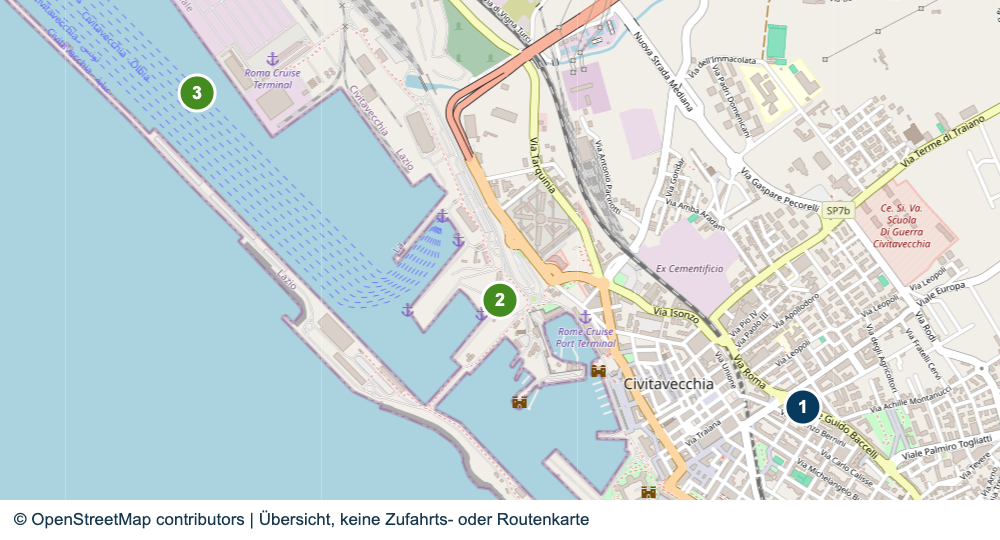 Übersicht wichtiger Anreise- und Terminalbereiche in Civitavecchia