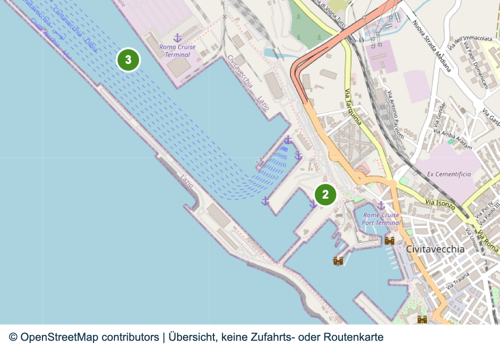 Übersicht wichtiger Anreise- und Terminalbereiche in Civitavecchia
