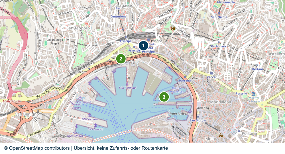 Übersicht wichtiger Anreise- und Terminalbereiche in Genua