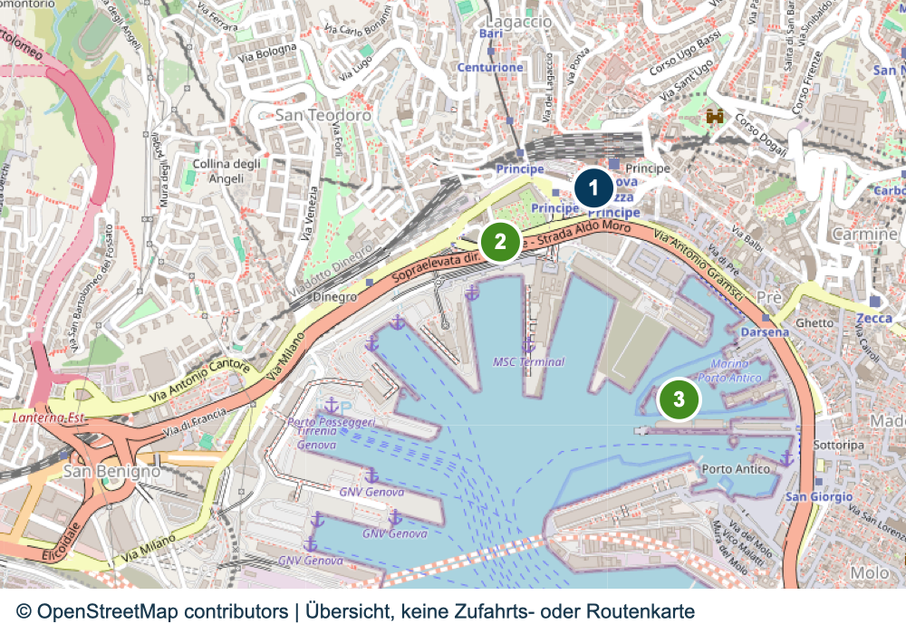 Übersicht wichtiger Anreise- und Terminalbereiche in Genua