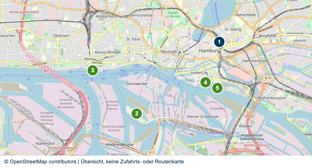 Übersicht der Bahnhofs- und Terminalbereiche in Hamburg