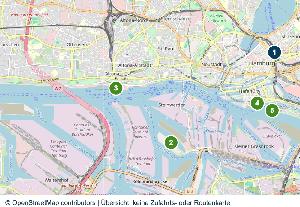 Übersicht der Bahnhofs- und Terminalbereiche in Hamburg