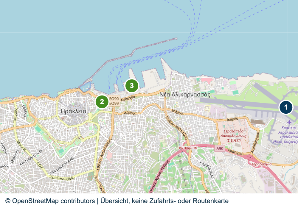 Übersicht wichtiger Anreise- und Terminalbereiche in Heraklion