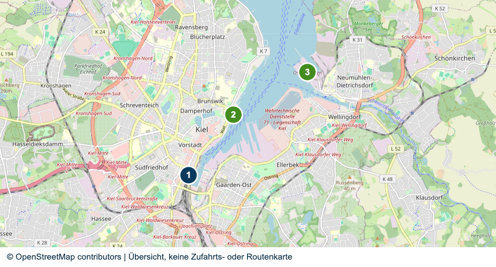 Übersicht der Bahnhofs- und Terminalbereiche in Kiel