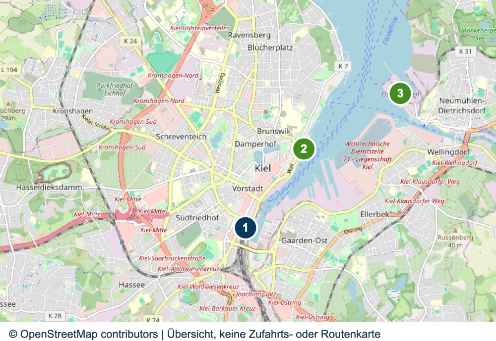 Übersicht der Bahnhofs- und Terminalbereiche in Kiel