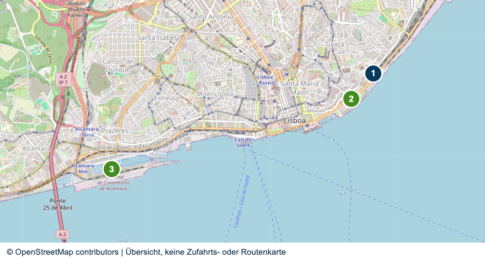 Übersicht wichtiger Anreise- und Terminalbereiche in Lissabon