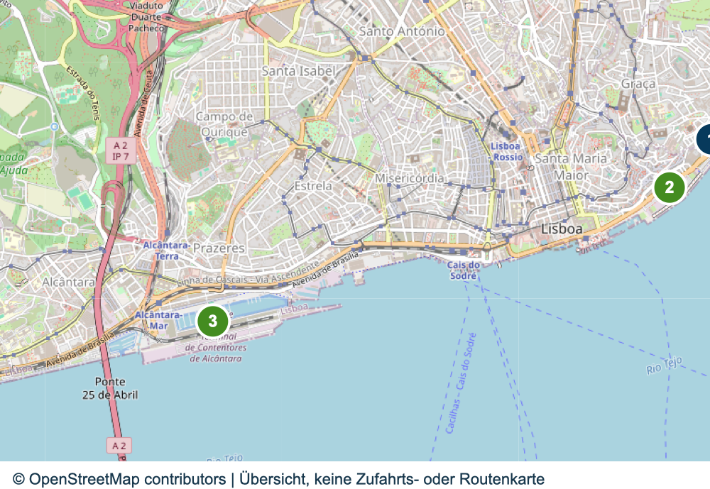 Übersicht wichtiger Anreise- und Terminalbereiche in Lissabon