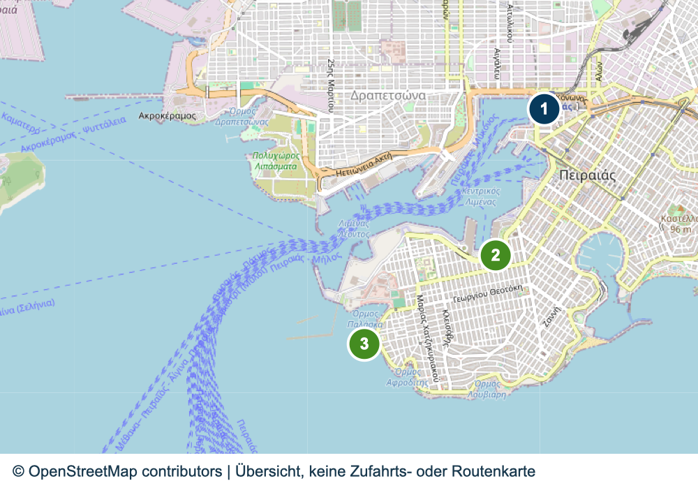Übersicht wichtiger Anreise- und Terminalbereiche in Athen / Piräus