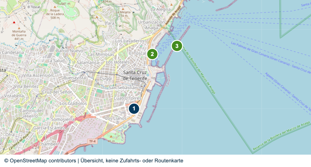 Übersicht wichtiger Anreise- und Terminalbereiche in Santa Cruz de Tenerife