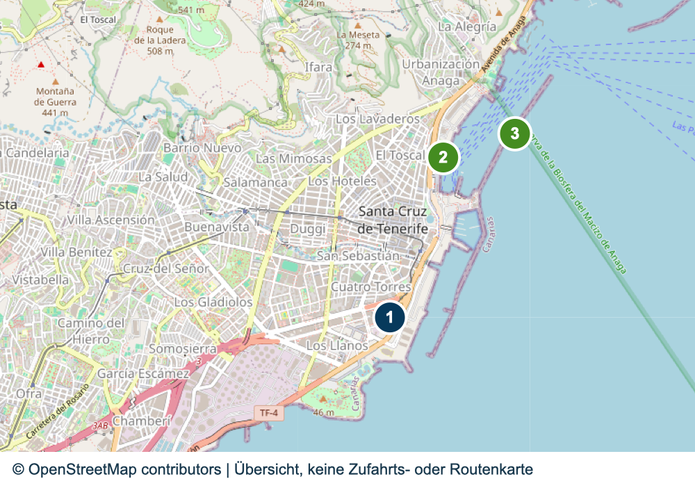 Übersicht wichtiger Anreise- und Terminalbereiche in Santa Cruz de Tenerife