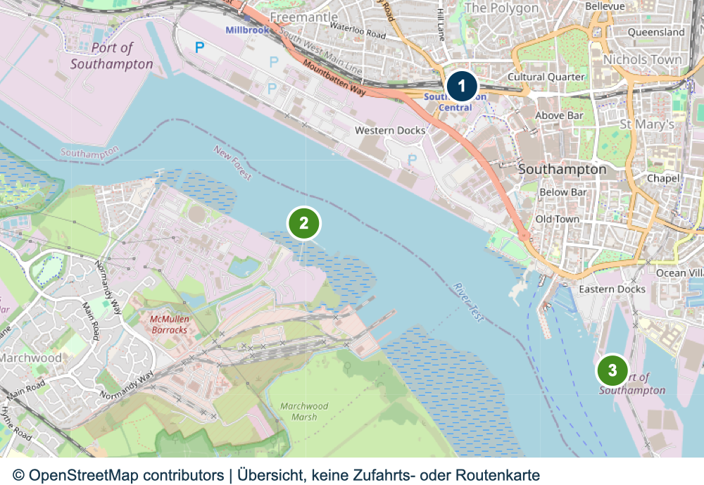 Übersicht wichtiger Anreise- und Terminalbereiche in Southampton