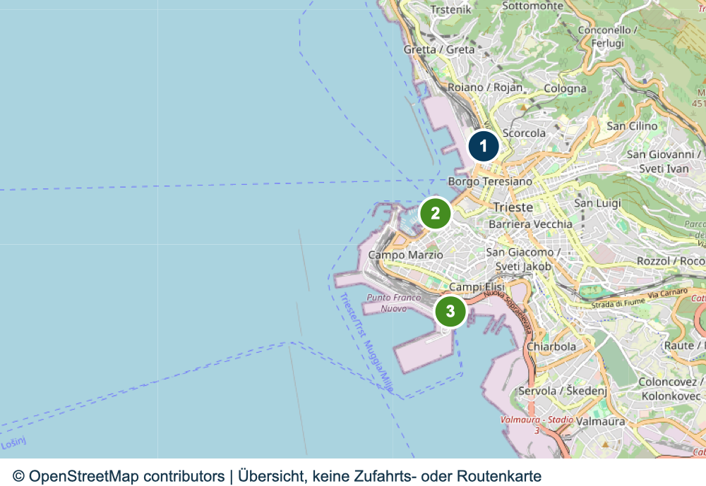 Übersicht wichtiger Anreise- und Terminalbereiche in Triest