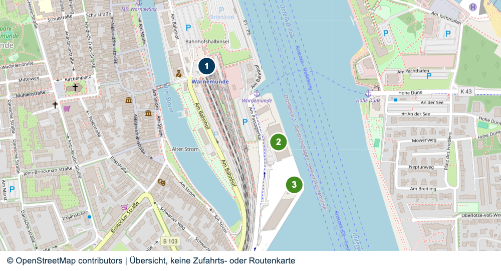 Übersicht der Bahnhofs- und Terminalbereiche in Warnemünde