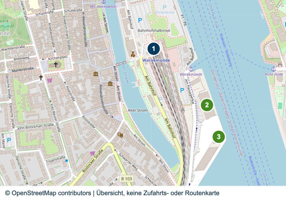 Übersicht der Bahnhofs- und Terminalbereiche in Warnemünde