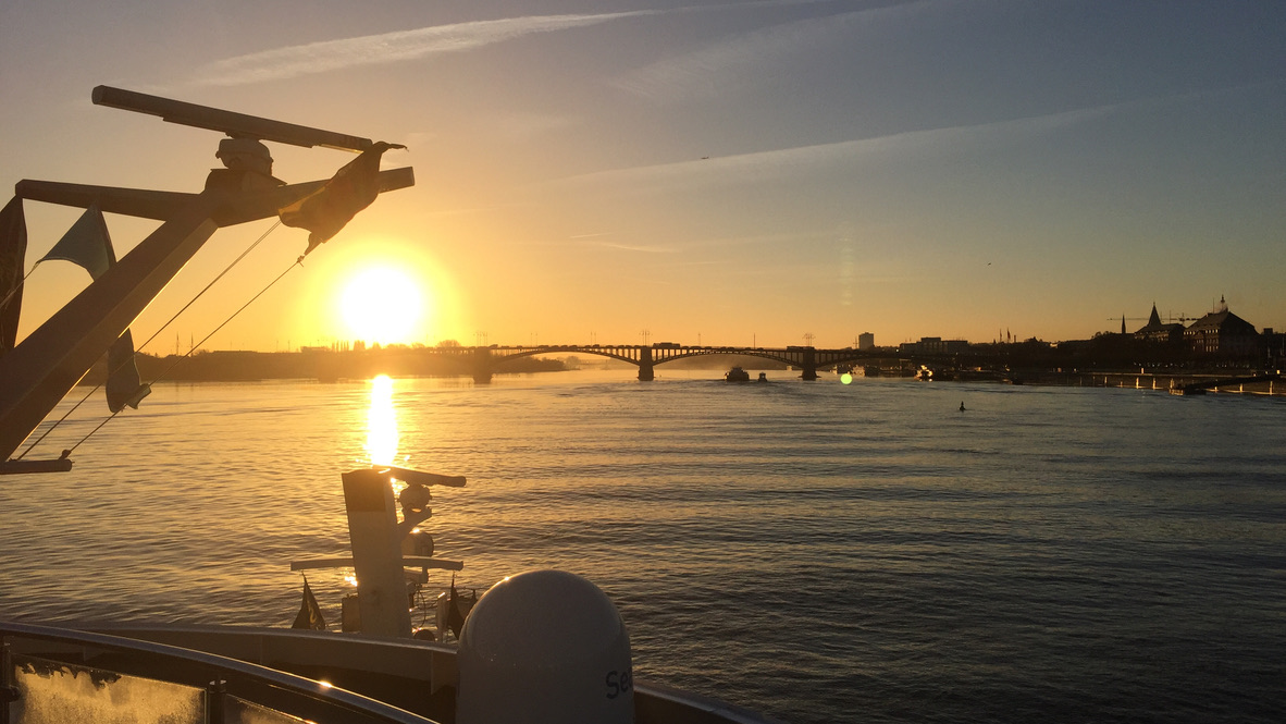 Theodor-Heuss-Brücke in Mainz im goldenen Licht des Sonnenaufgangs, vom Schiff aus fotografiert
