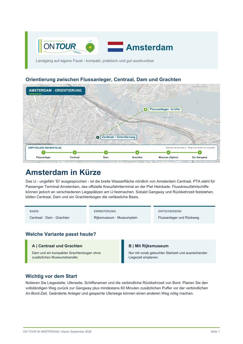 Vorschau des On-Tour-PDF-Reiseführers für Amsterdam zwischen IJ, Grachten und großen Meistern.