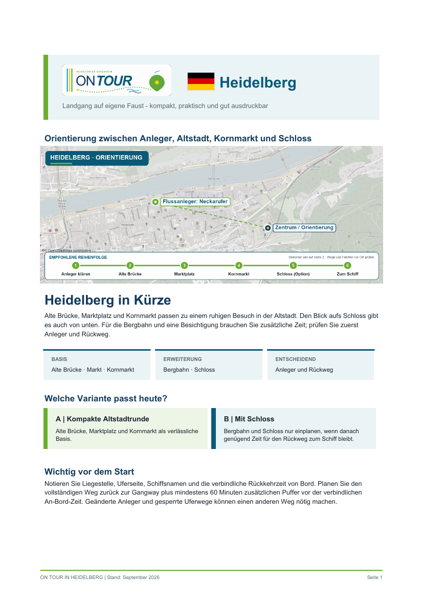 Vorschau des On-Tour-PDF-Reiseführers für Heidelberg zwischen Neckar, Altstadt und Schloss.