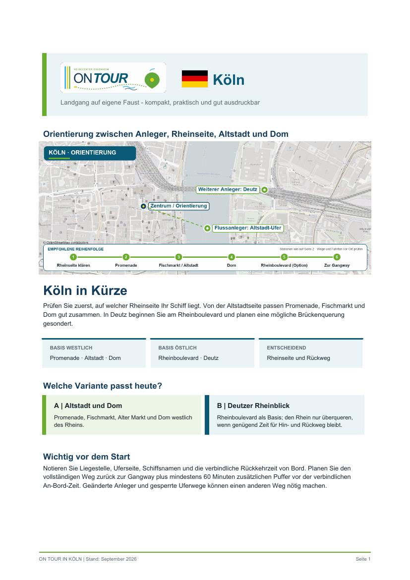 Vorschau des On-Tour-PDF-Reiseführers für Köln zwischen Rhein, Altstadt und Dom.