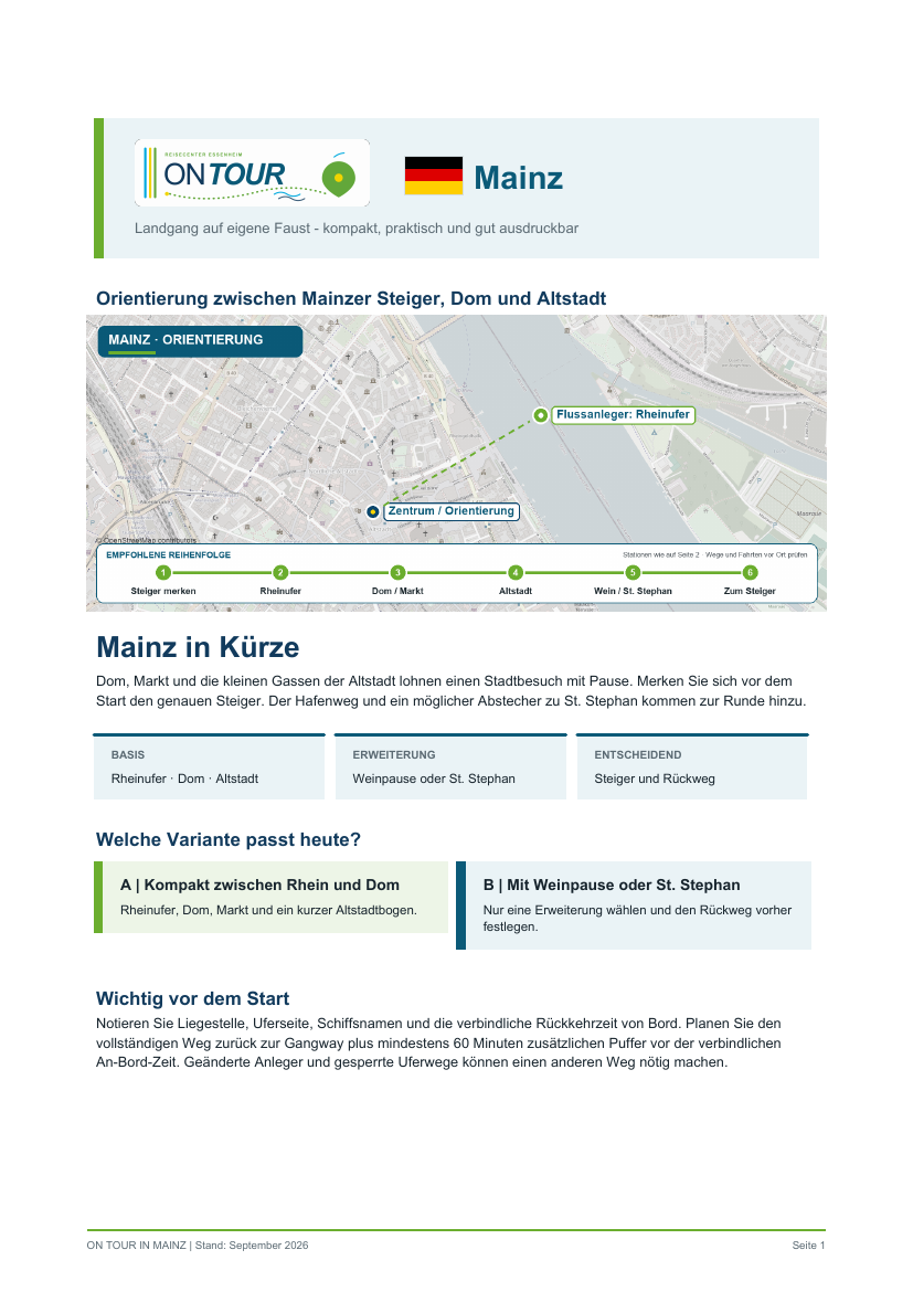 Titelseite des On-Tour-PDF-Reiseführers für Mainz zwischen Rhein, Dom und Wein.