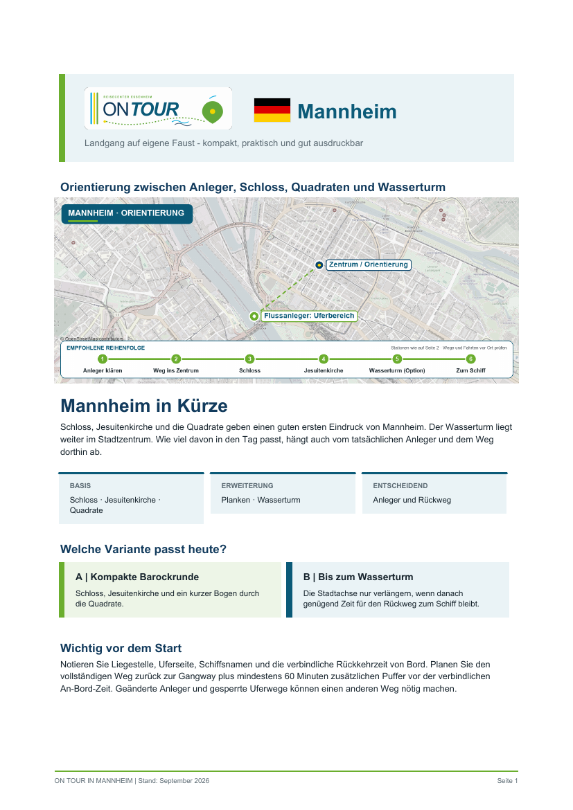 Titelseite des On-Tour-PDF-Reiseführers für Mannheim zwischen Rhein, Quadraten und Wasserturm.