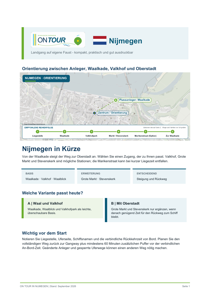 Titelseite des On-Tour-PDF-Reiseführers für Nijmegen zwischen Waal, Valkhof und lebendiger Altstadt.