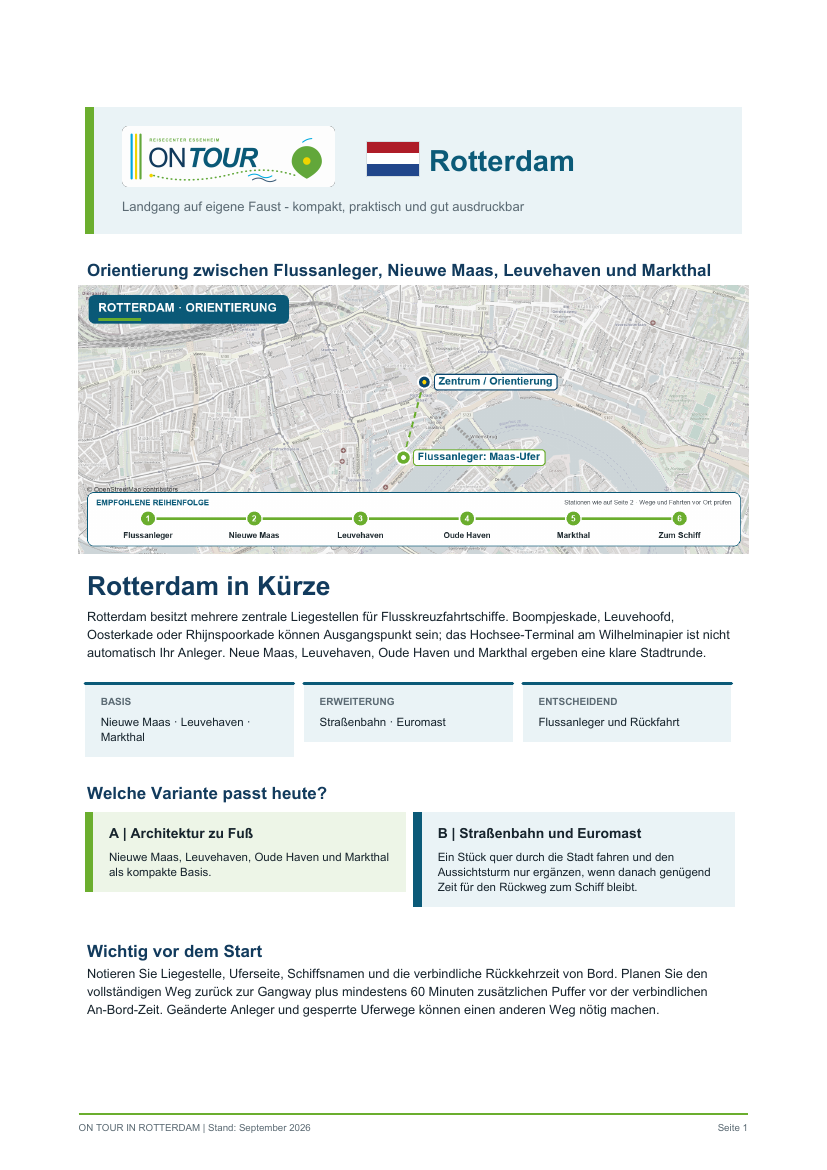 Titelseite des On-Tour-PDF-Reiseführers für Rotterdam zwischen Nieuwe Maas, Skyline und Markthal.