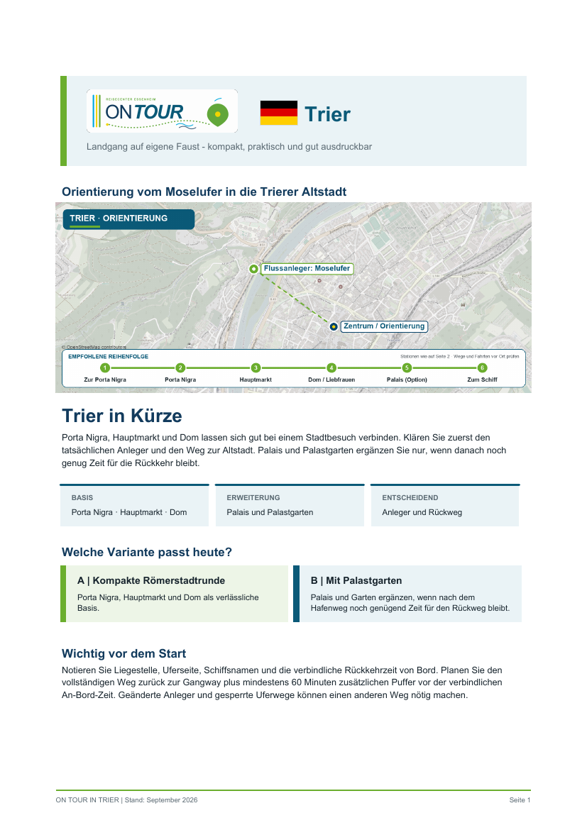 Titelseite des On-Tour-PDF-Reiseführers für Trier auf eigene Faust entdecken.