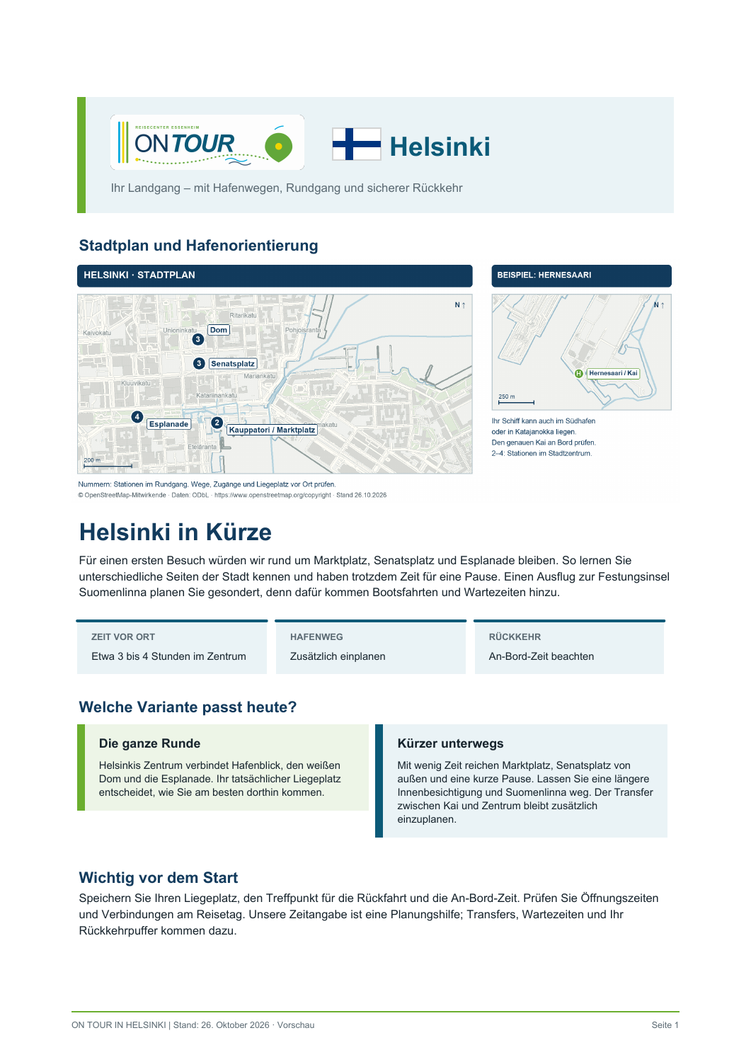 Erste Seite des vierseitigen Helsinki-Reiseführers