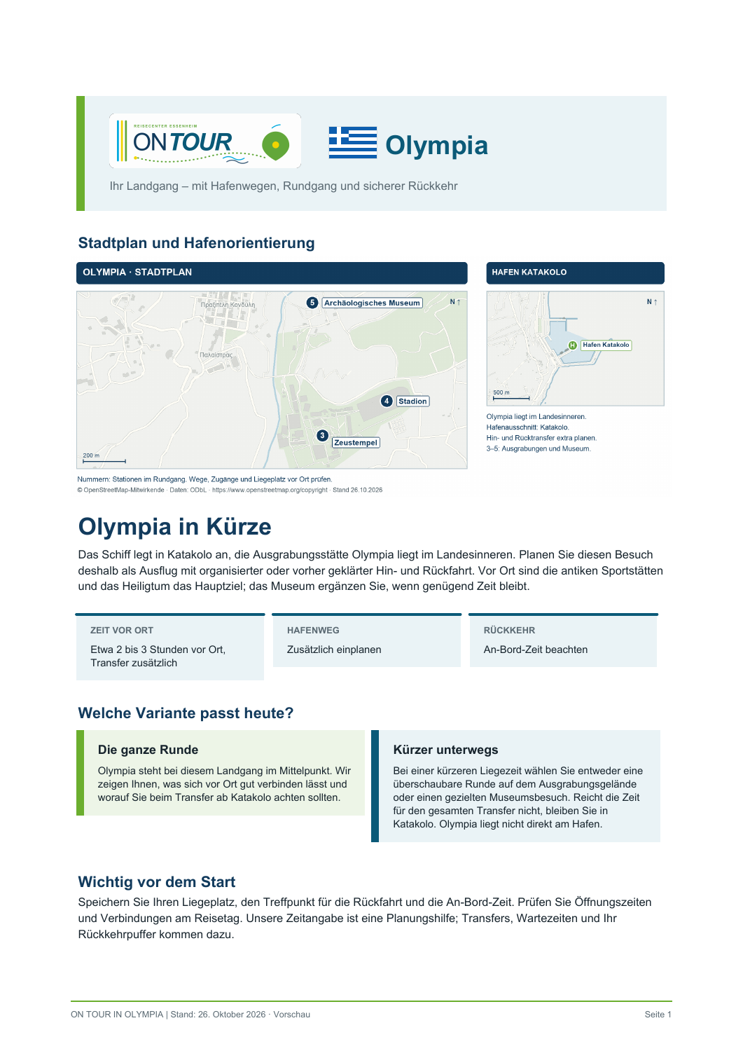 Erste Seite des vierseitigen Olympia-Reiseführers