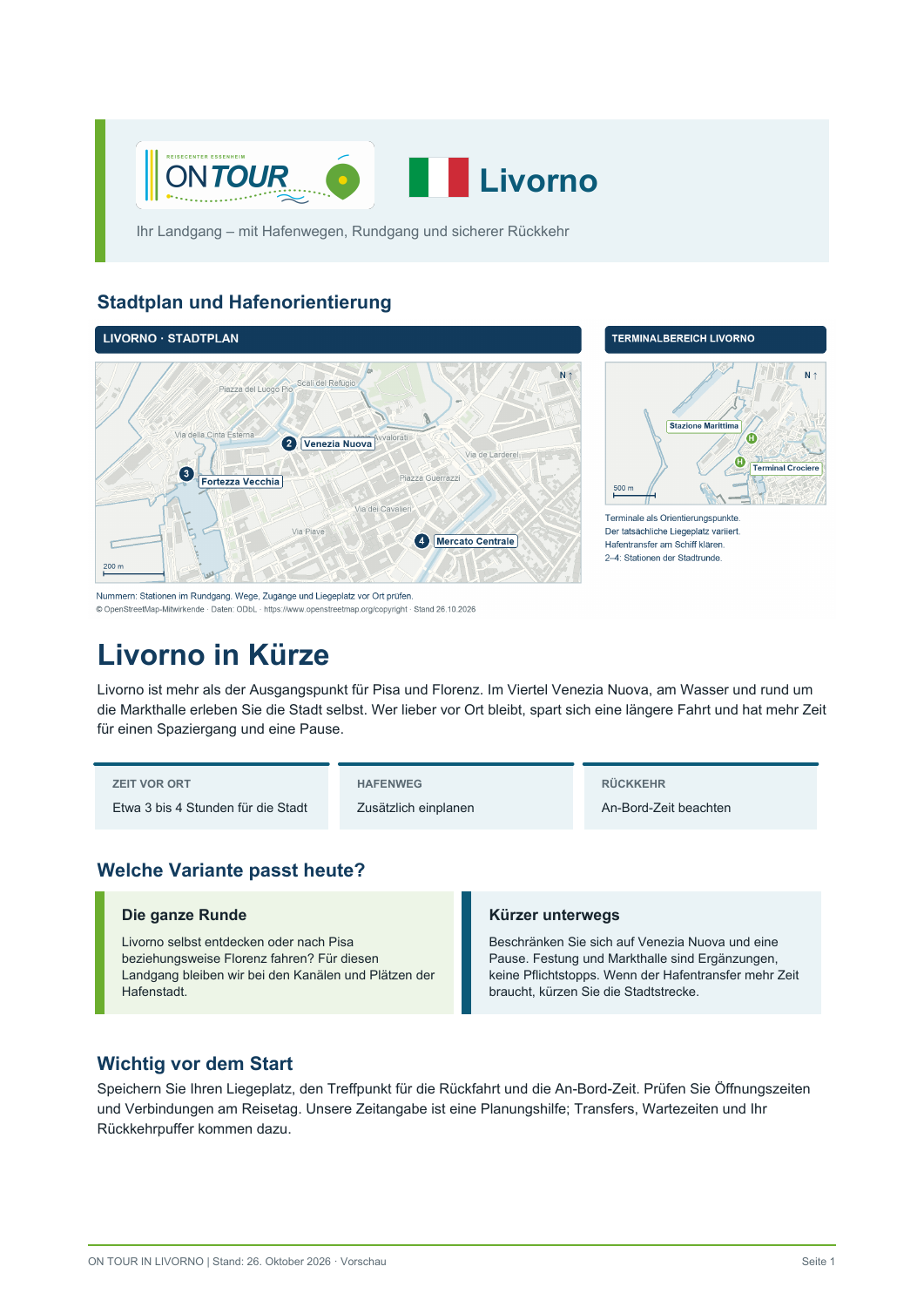 Erste Seite des vierseitigen Livorno-Reiseführers