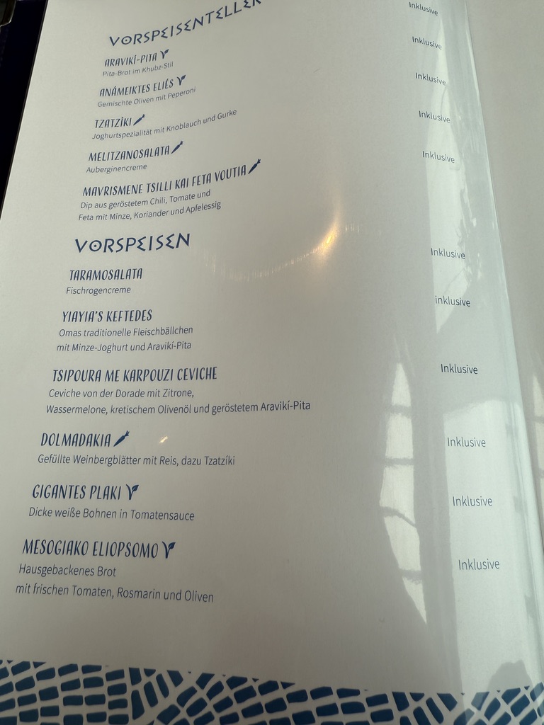 Vorspeisen auf einer Beispielkarte der Taverna Dionysos von 2025
